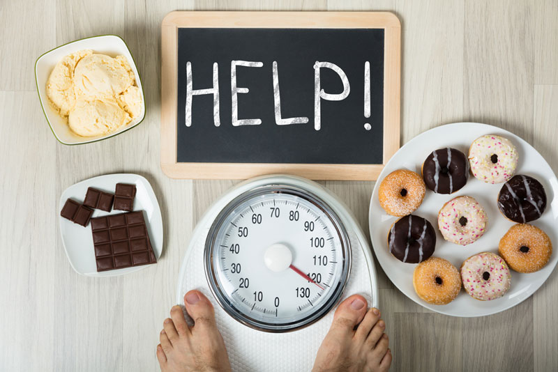 picture of food on plates and a set of scales depicting weight gain