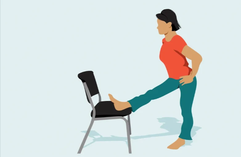 illustration of a lady with one leg on a chair doing a hamstring stretch for sciatica pain relief